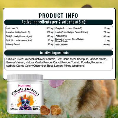 Dog Eye Nutritional Supplements, Supports Vision Health With Lutein & Zeaxanthin to Prevent Cataracts Special -120 soft chews