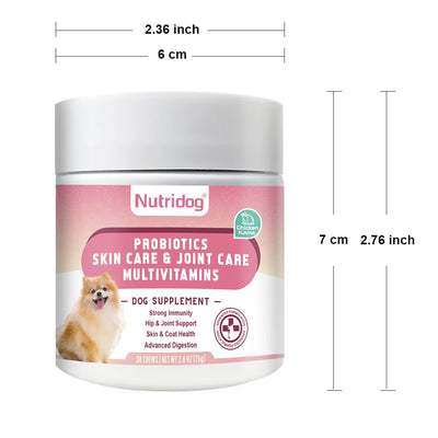 NUTRIDOG Dog Multivitamin Chews Probiotics Glucosamine Digestive Enzymes Supports Joint Health Immune System Gut 30 PCS/Bottle - NUTRIDOG