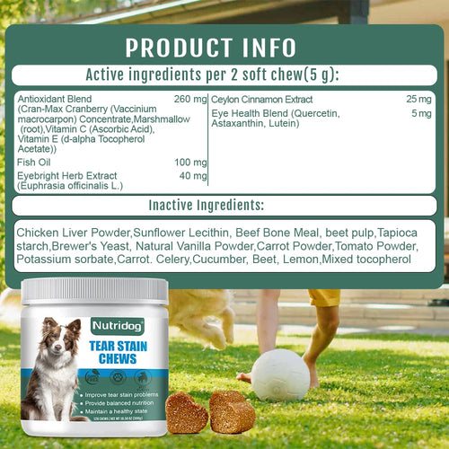 Tear Stain Dog Food with cranberries & vitamins to improve tear stains and support eye health- Beef flavor 120 soft chews