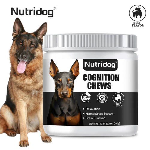 NUTRIDOG Dog Cognition Chews DHA Glycerophosphocholine Chew Support Delays Canine Dementia Enhances Memory 120 PCS/Bottle