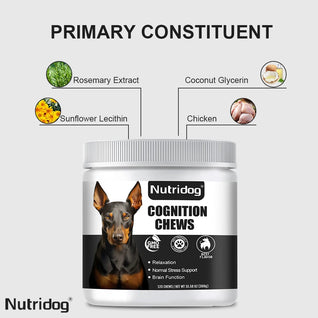 NUTRIDOG Dog Cognition Chews DHA Glycerophosphocholine Chew Support Delays Canine Dementia Enhances Memory 120 PCS/Bottle
