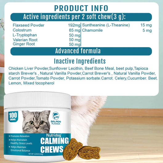 NUTRIDOG Cat Calming Chews Promote Cats Relaxation Moods Calmer Relieve Stress Effects Maintain Emotional Balance 100 PCS/Bottle