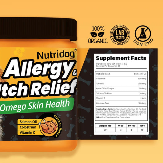 NUTRIDOG Dog Allergy Itch Relief Chews Omega-3 Vitamin C Support Skin For Dog Immune Health Supplement Nutrition 90 PCS/Bottle - NUTRIDOG