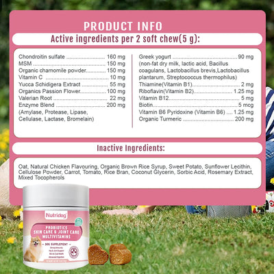 NUTRIDOG Dog Multivitamin Chews Probiotics Glucosamine Digestive Enzymes Supports Joint Health Immune System Gut 30 PCS/Bottle - NUTRIDOG