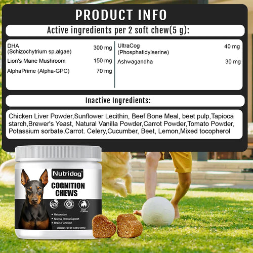 NUTRIDOG Dog Cognition Chews DHA Glycerophosphocholine Chew Support Delays Canine Dementia Enhances Memory 120 PCS/Bottle