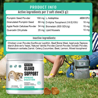 NUTRIDOG Dog Anal Gland Support  Pumpkin Seed Probiotics Digestive Enzymes Scoot Relief Digestive Health 120 PCS/Bottle