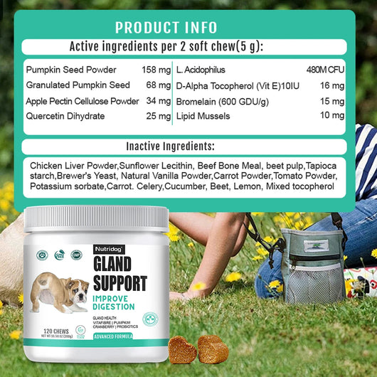 NUTRIDOG Dog Anal Gland Support  Pumpkin Seed Probiotics Digestive Enzymes Scoot Relief Digestive Health 120 PCS/Bottle - NUTRIDOG