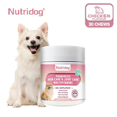 NUTRIDOG Dog Multivitamin Chews Probiotics Glucosamine Digestive Enzymes Supports Joint Health Immune System Gut 30 PCS/Bottle - NUTRIDOG