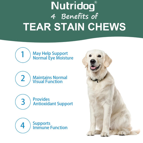 NUTRIDOG Dog Tear Stain Chews Cranberry Vitamins Omega-3 Improve Tear Stains Support Eye Health 120 PCS/Bottle