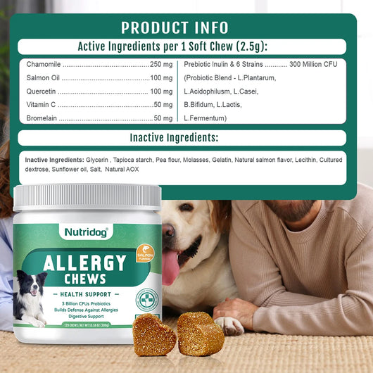 NUTRIDOG Dog Anti-Allergy Chews Salmon Flavor Soft Chew Allergy Relief Skin Health Coat Defense 120 PCS/Bottle - NUTRIDOG