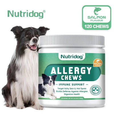 NUTRIDOG Dog Anti-Allergy Chews Salmon Flavor Soft Chew Allergy Relief Skin Health Coat Defense 120 PCS/Bottle - NUTRIDOG