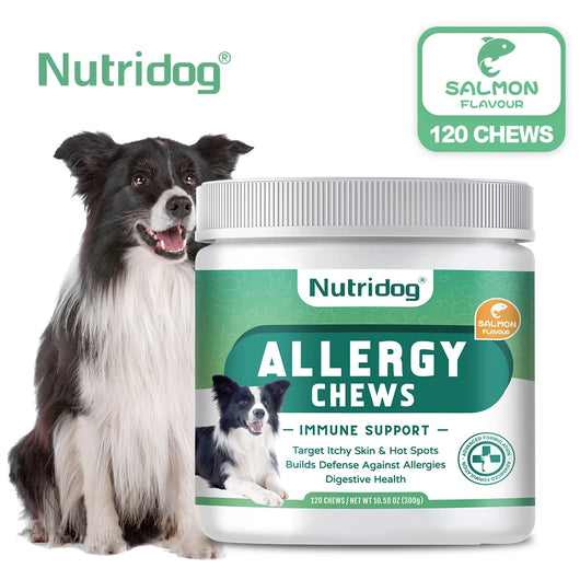NUTRIDOG Dog Anti-Allergy Chews Salmon Flavor Soft Chew Allergy Relief Skin Health Coat Defense 120 PCS/Bottle - NUTRIDOG