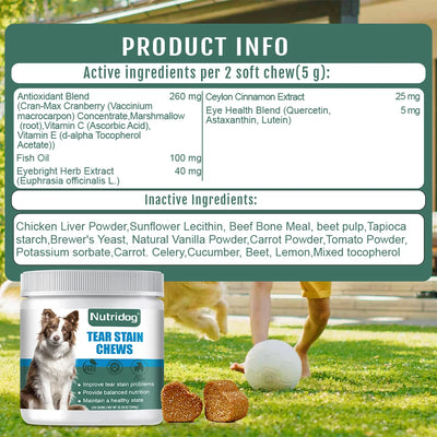 NUTRIDOG Dog Tear Stain Chews Cranberry Vitamins Omega-3 Improve Tear Stains Support Eye Health 120 PCS/Bottle - NUTRIDOG