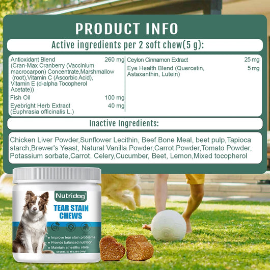 NUTRIDOG Dog Tear Stain Chews Cranberry Vitamins Omega-3 Improve Tear Stains Support Eye Health 120 PCS/Bottle - NUTRIDOG